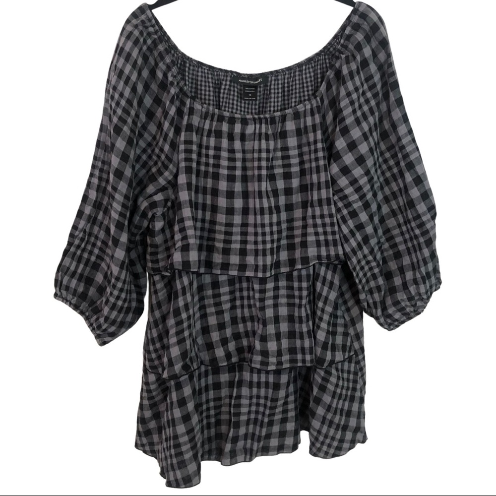 Ashley Stewart Gray Black Cotton Ruffle Layer Top